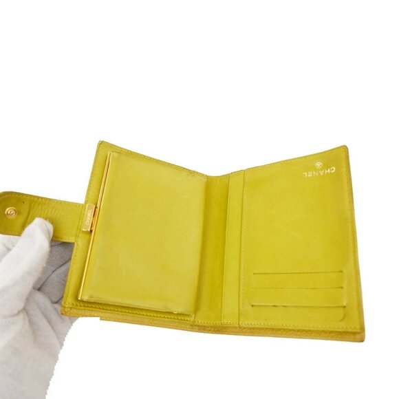 CHANEL CC Bifold Compact Wallet Grained Calfskin Leather Yellow Vintage 66KB511 - Picture 11 of 14